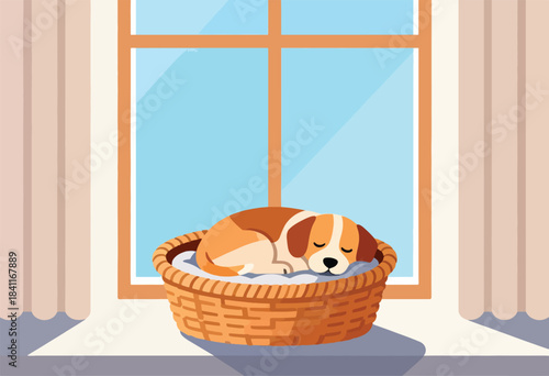 Illustration of a dog asleep in a basket, positioned in front of a window and curtains