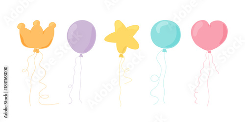 Set of cute helium balloons. Collection of ballons different shapes. Decor for Valentine's day, weddings, bachelorette and girls birthday party. Vector illustration isolated