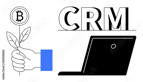Cryptocurrency trends, digital innovation, blockchain growth, CRM systems, technology investment, fintech evolution. Bitcoin symbol on a branch, CRM text and a laptop. Cryptocurrency trends