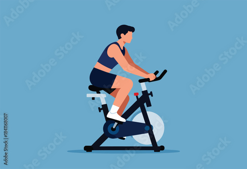 An illustrated person in athletic wear is depicted cycling on an exercise bike on a blue background