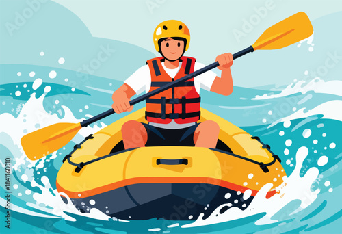 Illustration depicts person rafting down a river. They wear a helmet and life vest while paddling. Water splashes around