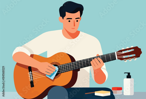 A man cleans a classical guitar with a cloth. Cleaning supplies sit nearby. Flat illustration style