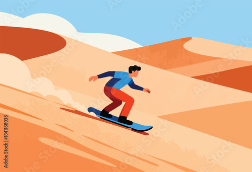 A person on a snowboard glides down a sand dune with blue sky and white clouds in the background