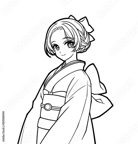 Anime-style coloring illustration of a girl wearing a kimono	