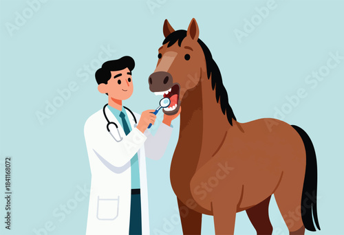 A vet in a lab coat examines a horse's teeth with a mirror. The horse has its mouth open. Background blue