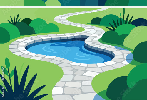 A stylized illustration presents a garden scene with a winding stone path and a central water feature surrounded by greenery