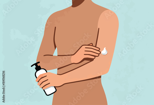 An illustrated person applies lotion to their arm with a pump bottle, minimalist style on a blue background