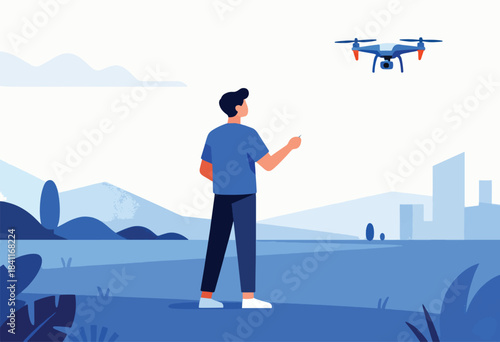 A person in a blue shirt and dark pants operates a drone, in a blue-toned landscape