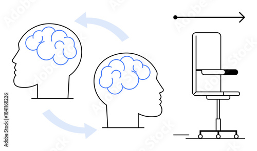 Idea sharing, cognitive processes, workplace innovation, mental focus, collaborative efforts, productivity enhancement. Two human head profiles with brain outlines and arrows, alongside an office