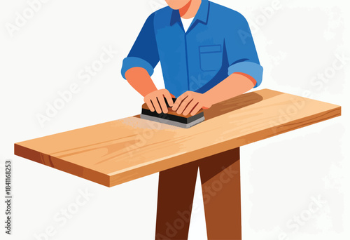 A person in a blue shirt sands a wooden board with a sanding block, showing a carpentry process