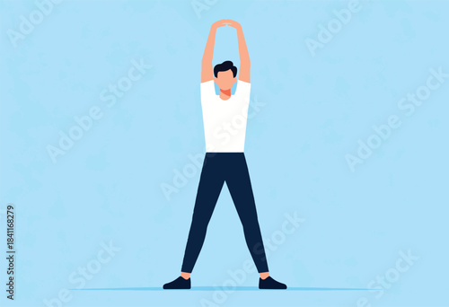 An illustration shows a man in a white tee and dark pants stretching with arms up, blue background