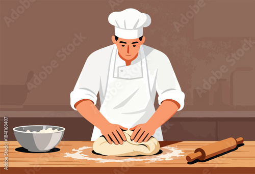 A chef in a white uniform and hat kneads dough on a wooden surface, with a bowl of flour nearby