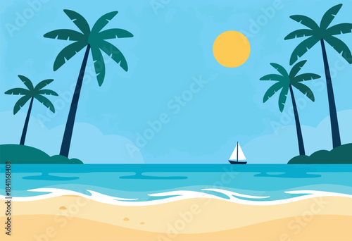 A cartoon beach scene with palm trees, the sun, ocean, sand, and a sailboat