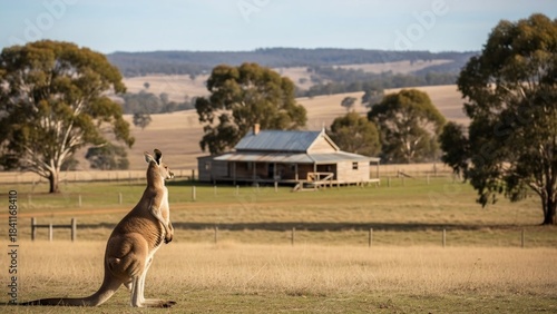 Kangaroo in a field with a house and trees in the background, Australia.