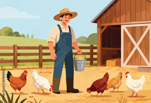 A farmer in overalls and hat feeds chickens near a barn, a fence and a field are in the background