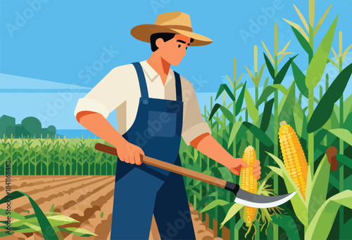 A farmer in a straw hat and overalls harvests corn with a sickle against a backdrop of green plants