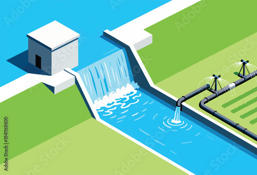 An isometric illustration showcasing a water management system. A building, waterfall, and irrigation setup are depicted