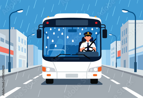 A frontal illustration of a bus driving in a city street during a rainy day