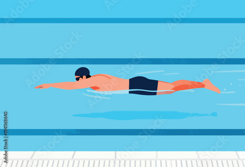 An illustrated swimmer in a pool, moving forward in the water. Features a blue pool, tiles, and a swimmer
