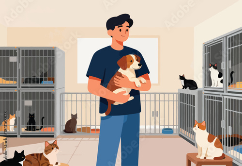 Illustration of a man holding a dog in a shelter with cats in cages and on the floor