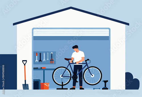 A man repairs a bicycle in a garage, surrounded by tools and equipment. The style is simple and graphic