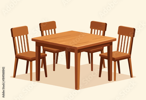 An illustration depicting a square wooden table surrounded by four wooden chairs, all set against a neutral backdrop