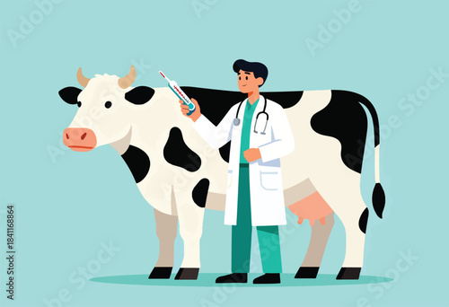 Cartoon veterinarian examines a cow's temperature with a thermometer. Illustration depicts medical care