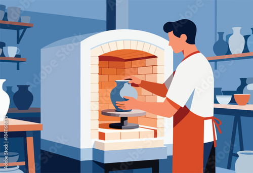 A potter, apron-clad, carefully places a clay vase on a kiln pedestal. Studio shelves hold various pottery