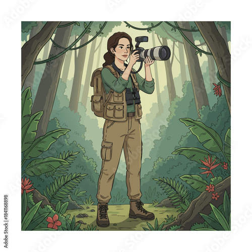 Vector illustration of a wildlife photographer in a jungle, taking photos with a telephoto camera outdoors.
