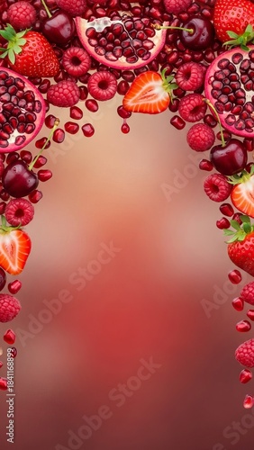 Archway of fresh red berries and pomegranates with copy space