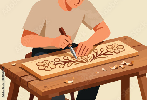 A person carves a floral design into a wooden board on a table, creating craft and small wooden pieces