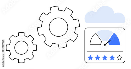 Cloud optimization concept. Cloud performance optimization illustrated with gears, a speed meter, and rating system. Cloud optimization for tech, SaaS, feedback systems, and data efficiency. Broad