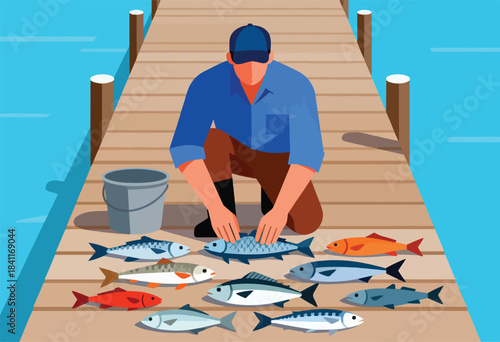 A fisherman on a wooden pier sorts a catch of various fish, next to a bucket. Blue water surrounds