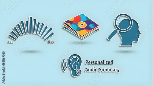 Icons depicting data analysis, audio playback, and a magnifying glass over a human head, symbolizing personalized audio summaries and insights