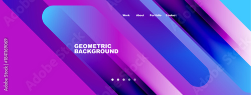 Abstract geometric background. Vibrant purple, blue hues dominate design. Navigation links present at top. Modern aesthetic.