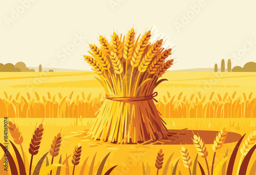 A stylized illustration depicting a golden wheat sheaf in a sunlit field, ready for harvest