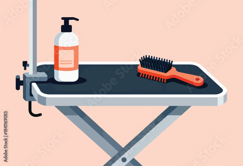 Stylized illustration of a grooming table with a bottle of cleaner and a brush on top