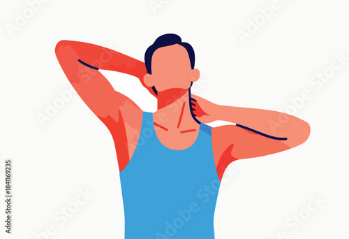 Colorful illustration of a person in a blue tank top stretching, arms raised towards the head