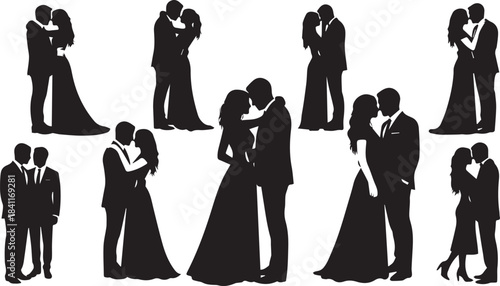 Silhouettes of couples in various romantic poses wedding or anniversary celebration