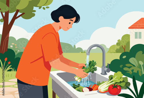 Illustration shows a person washing vegetables outdoors. A sink is filled with water & produce in a garden. A house is in background