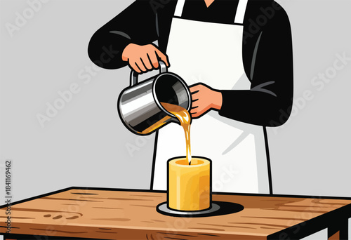 Cartoon shows a person pouring liquid into a candle. Person in white apron, wooden table, grey background