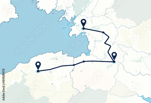 A map features a marked travel route with three location markers, depicting a journey on a light-colored background