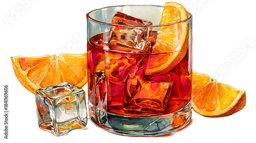 An inviting watercolor negroni cocktail beckons offering a refreshing escape from the heat on transparent background