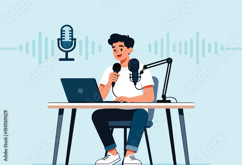 A person at a desk uses a laptop and microphone for a podcast, with sound waves in the background