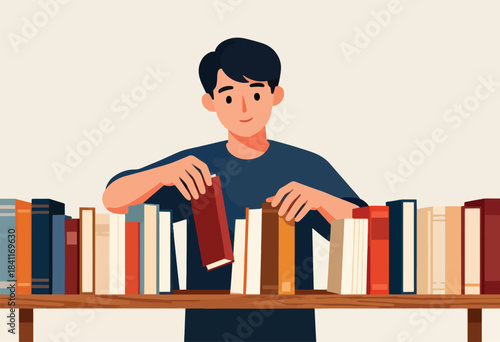 A young man is placing a red book onto a wooden bookshelf filled with books, illustration style