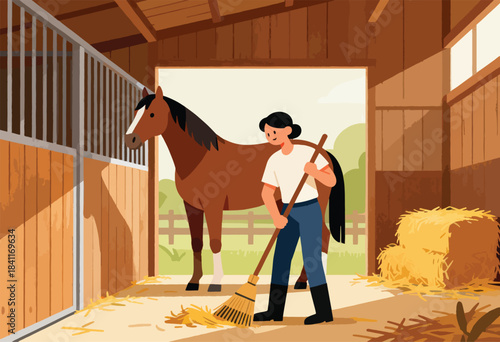 A brown horse in a stable watches a person sweep straw. Sunlight illuminates the wooden interior