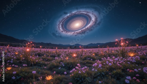 Spiral Galaxy Above a Field of Bioluminescent Pink Alien Flowers