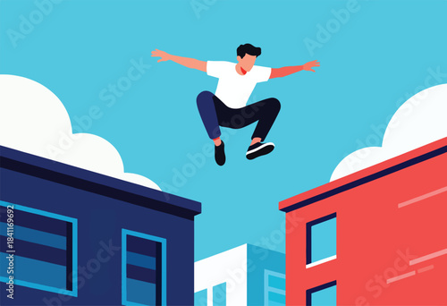 A figure jumps between two buildings against a blue sky, illustrated with bright colors and simple shapes