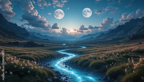 Pastoral Alien Valley Luminous River Twin Moons Sunset Landscape