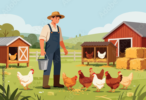 A farmer in overalls stands in a green field with chickens, coops, and a red barn, holding a bucket